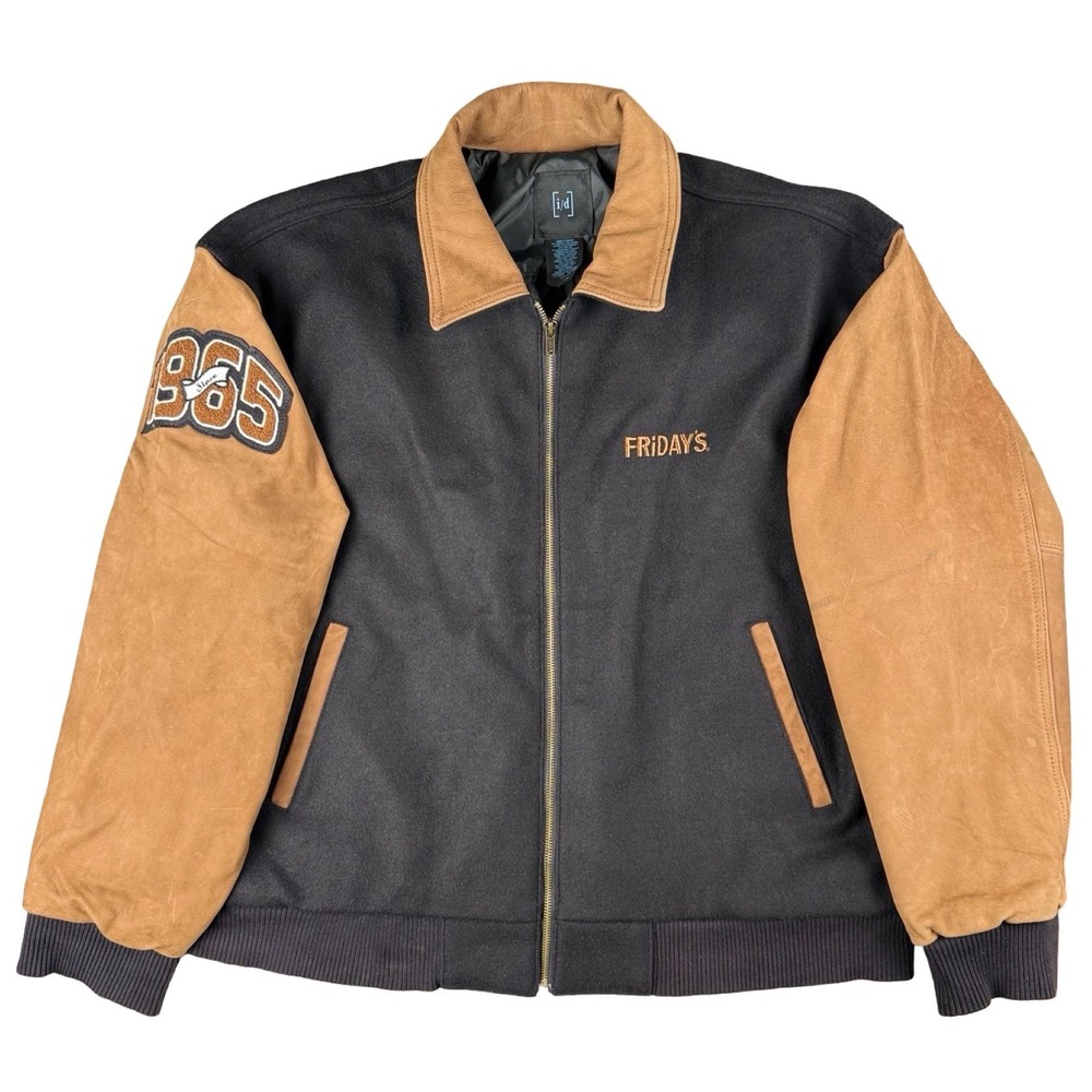 TGI Fridays Leather Wool Varsity Jacket 40th Anniversary Black Tan Large